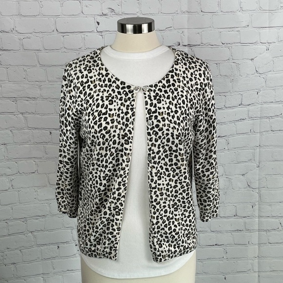 Christopher & Banks Leopard Print Cardigan Sweater Button Up 3/4 Sleeve Large - Picture 1 of 8